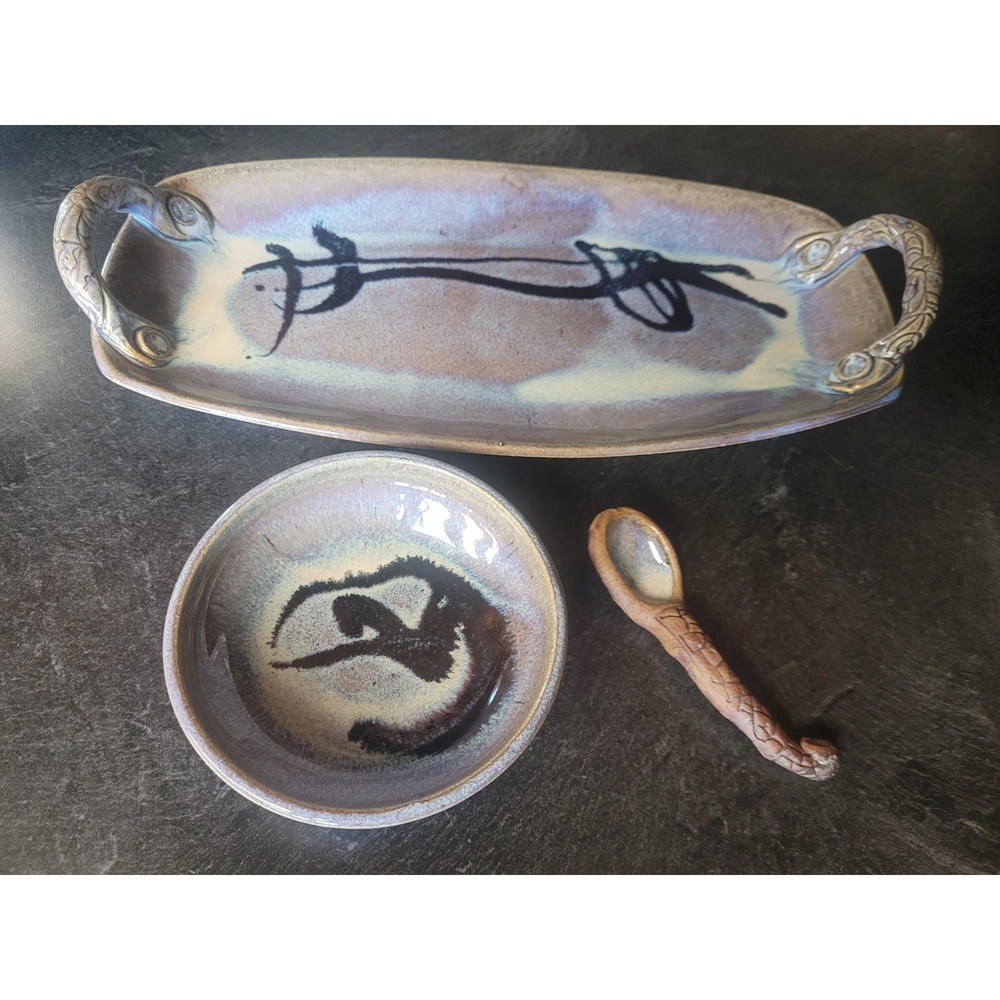 3 Piece Lot Pottery Artist Signed Vintage Tray Bowl Spoon Set Japanese Purples